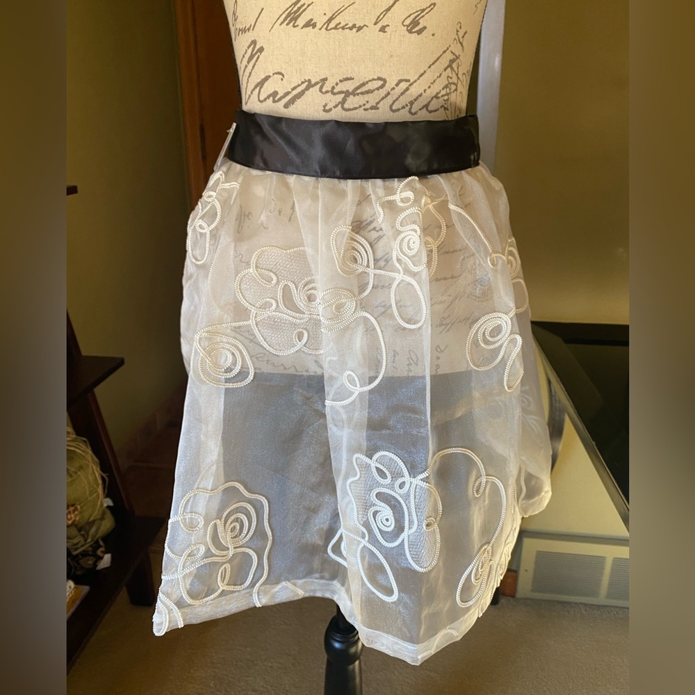 NWT Gorgeous Sheer cream with detail/black satin sash cocktail hostess apron.
